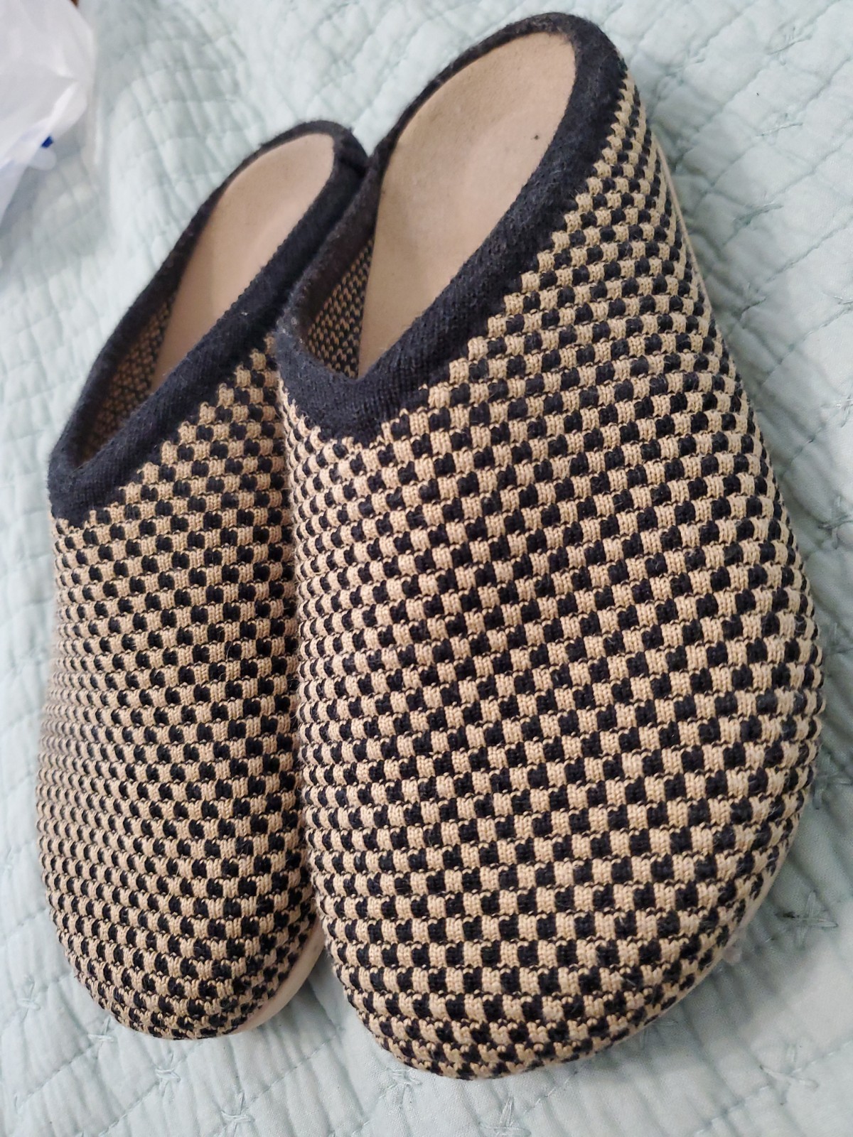Rothy’s The Casual Clog Checkered Knit Slip on Mules Sz 6 Toffee Tan Black EUC