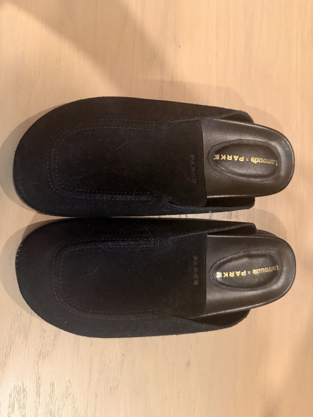 Larroude x Parke Black Suede Clogs
