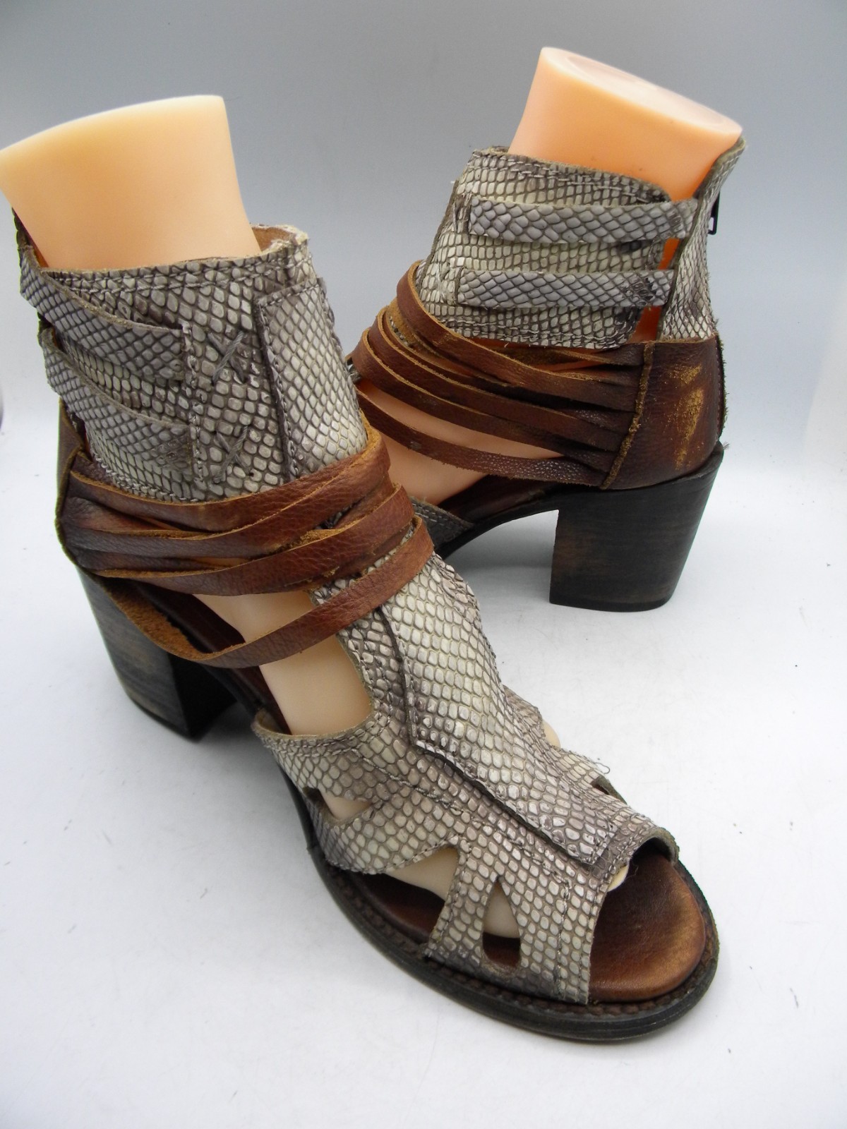 FREEBIRD by Steven Nest Snake Print & Brown Leather Block Heel Sandal Sz 9