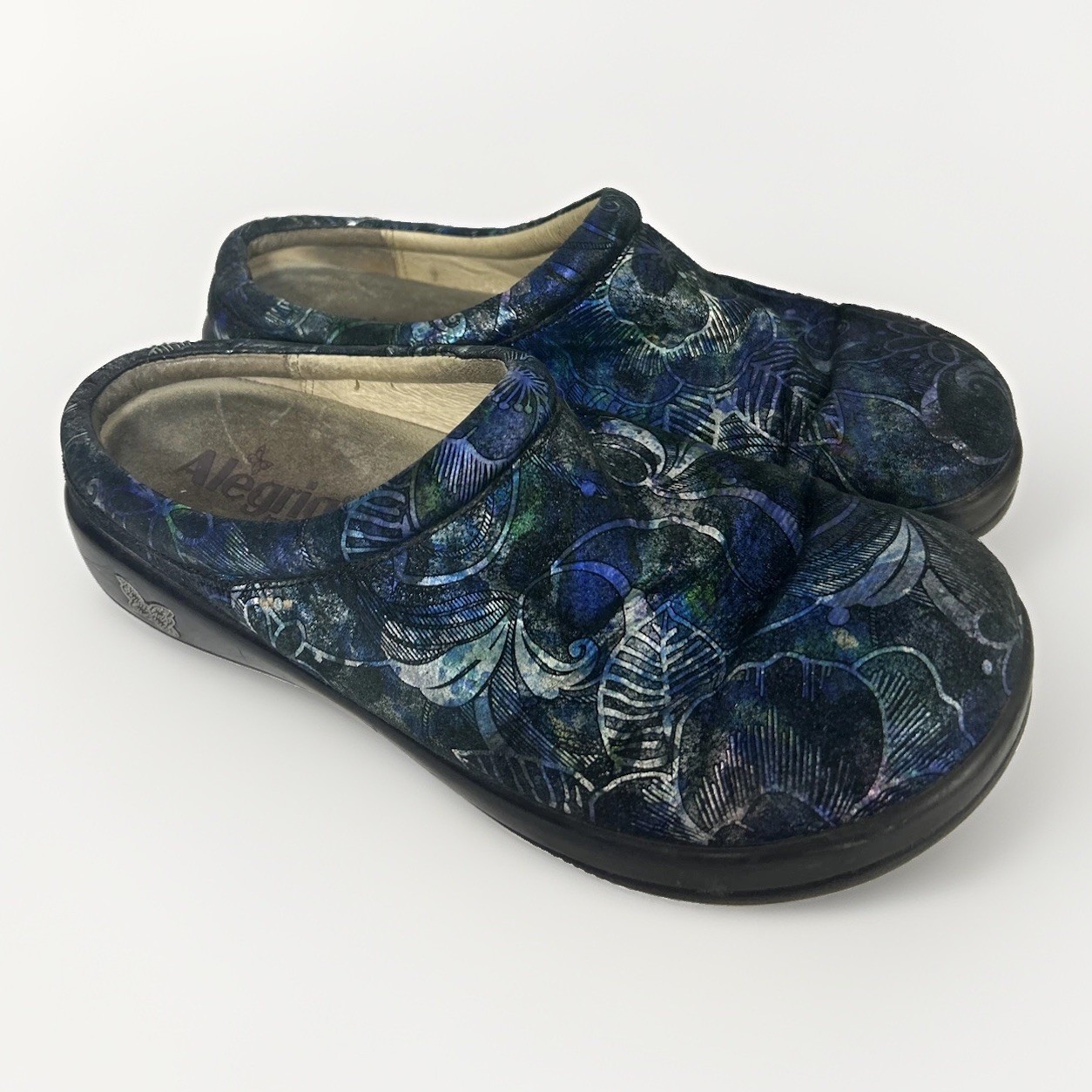 Alegria Mules Clogs Shoes Kay-264 Womens 38 Blue Green Leather Flowers Slip Ons