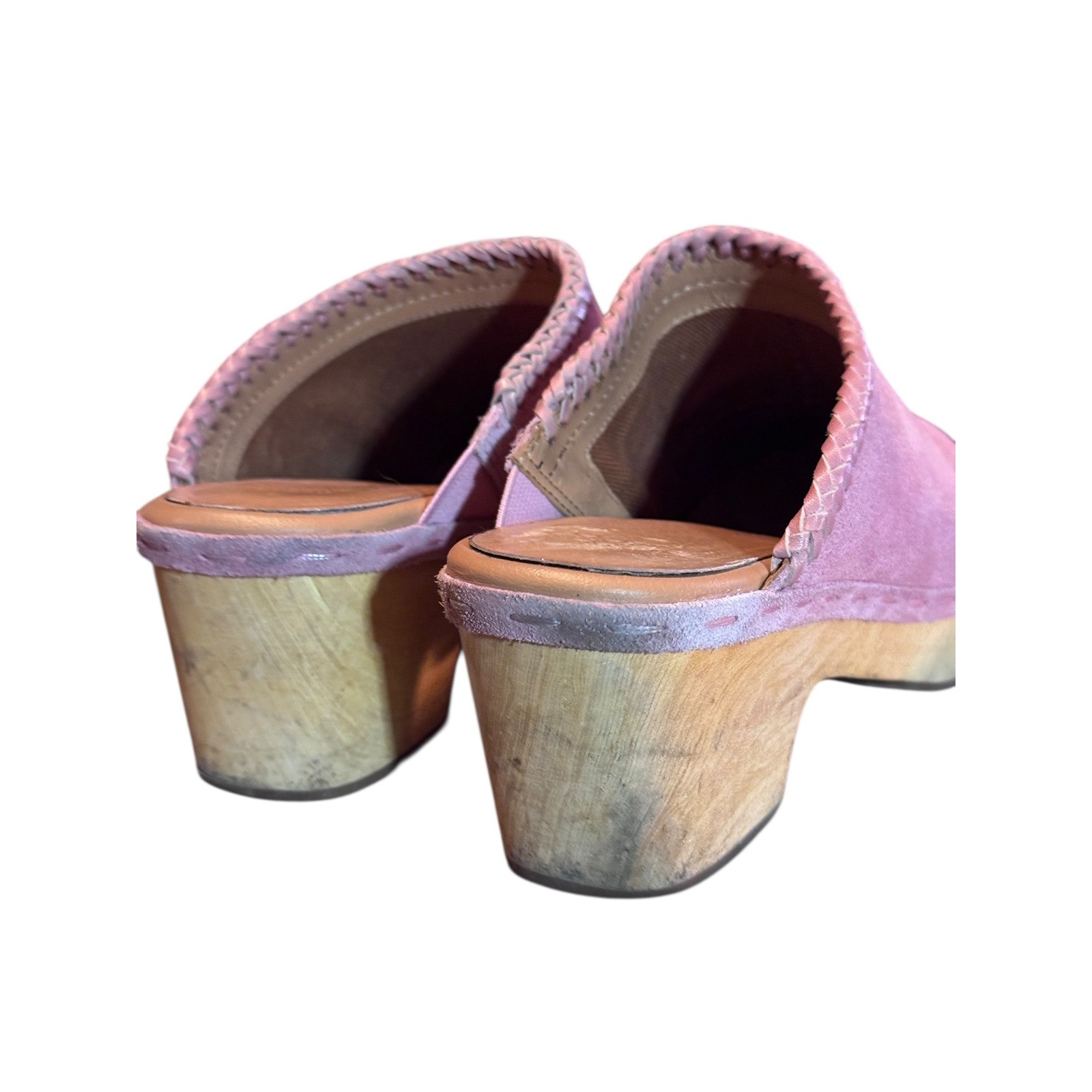 Frye and Co Suede Clogs 7.5 Mauve Whipstitch Wood Platform Mules Boho Retro