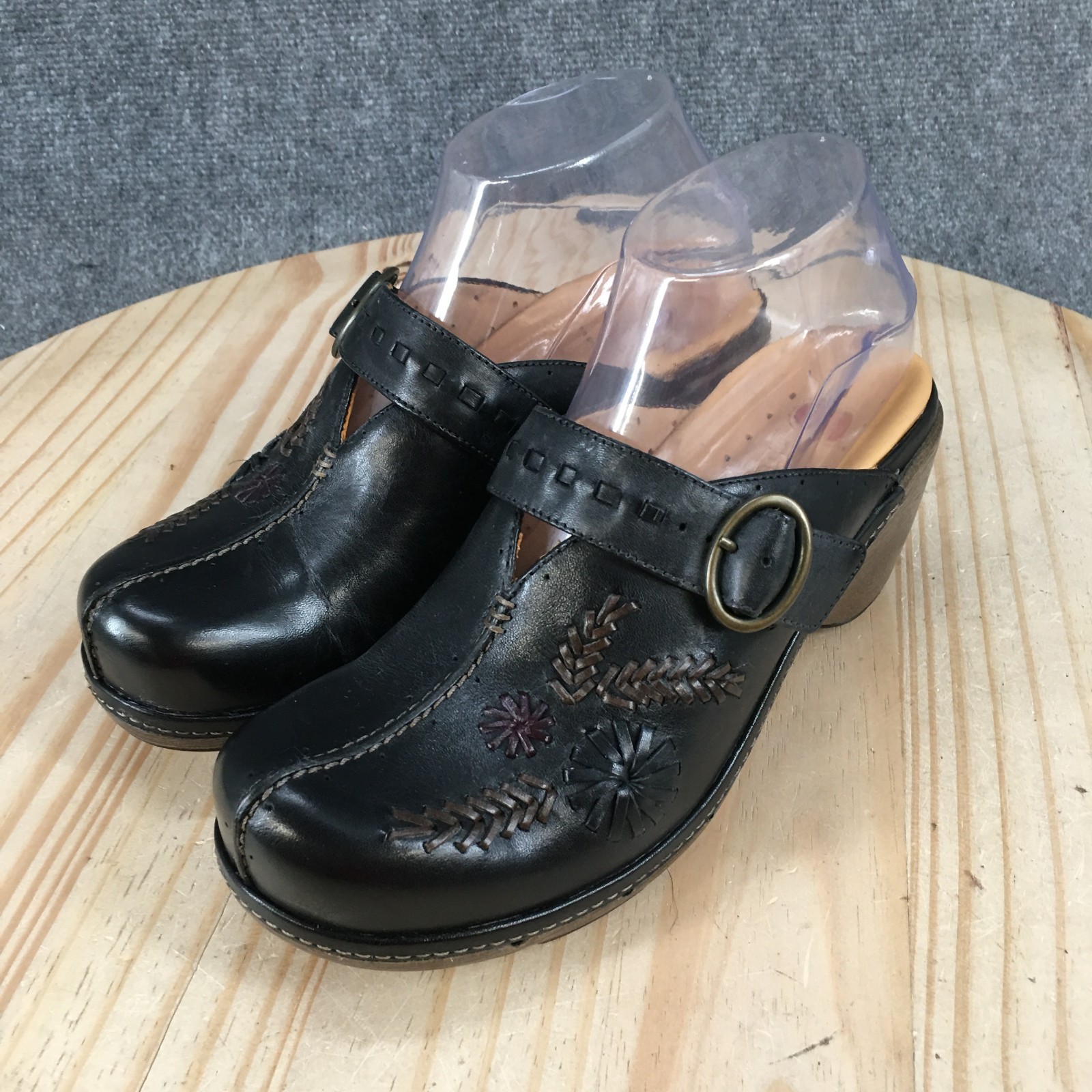Clarks Unstructured Shoes Womens 7 M Slip On Wedge Mule Clogs Black Leather NEW