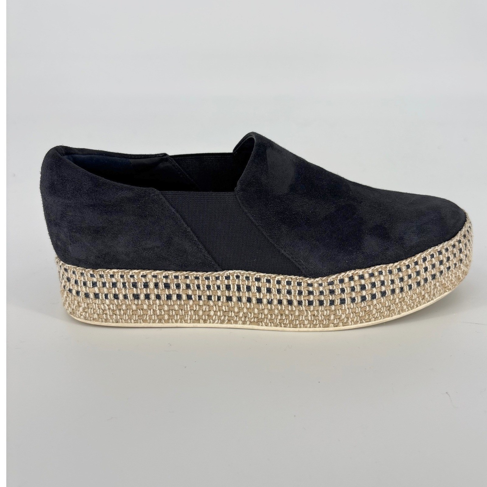 Vince Black Suede Platform Espadrille Slip On Sneakers Size 6.5 Woven Raffia