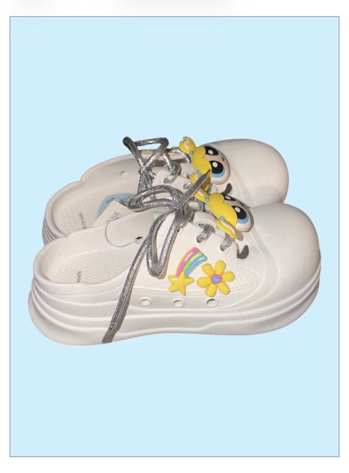 White Women’s Slip-On Clogs with Bubbles of Powerpuff Girls Size Large 39-40