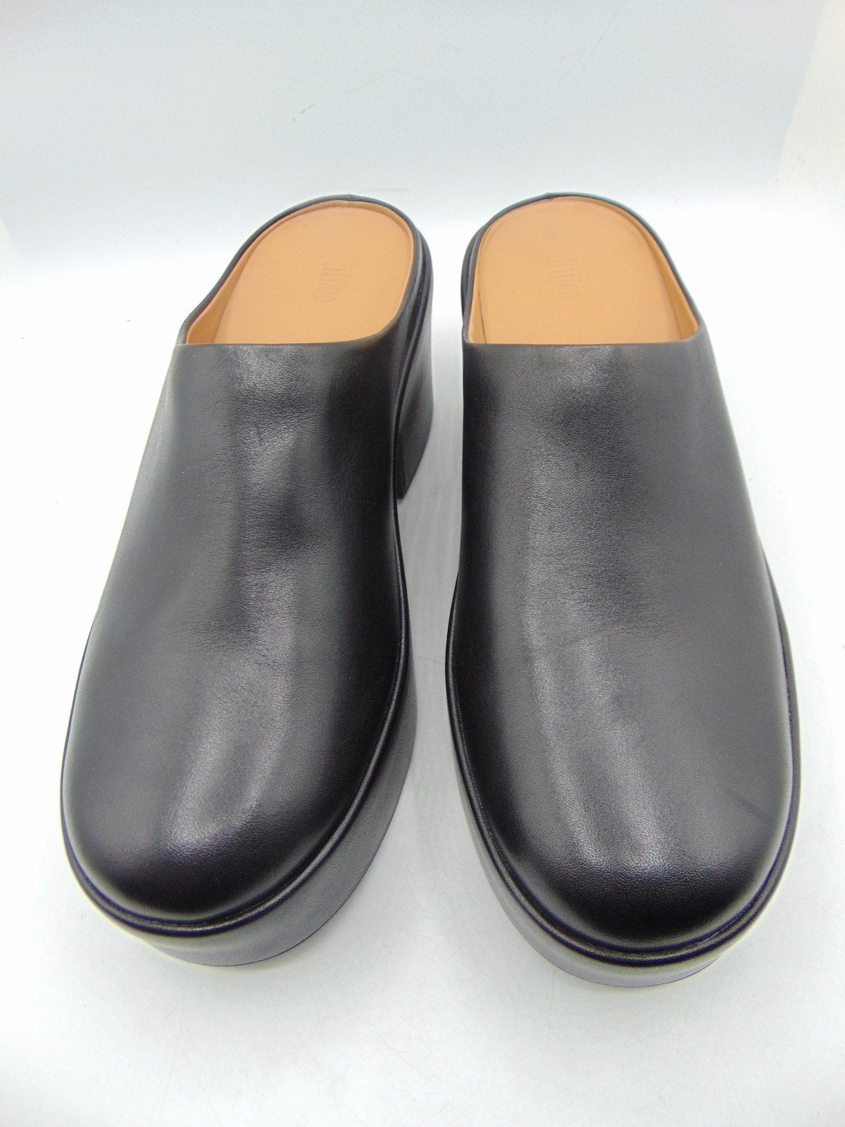 FITFLOP Pilar Black Leather Platform Block Heel Slip On clogs Mule Sz 8 NEW
