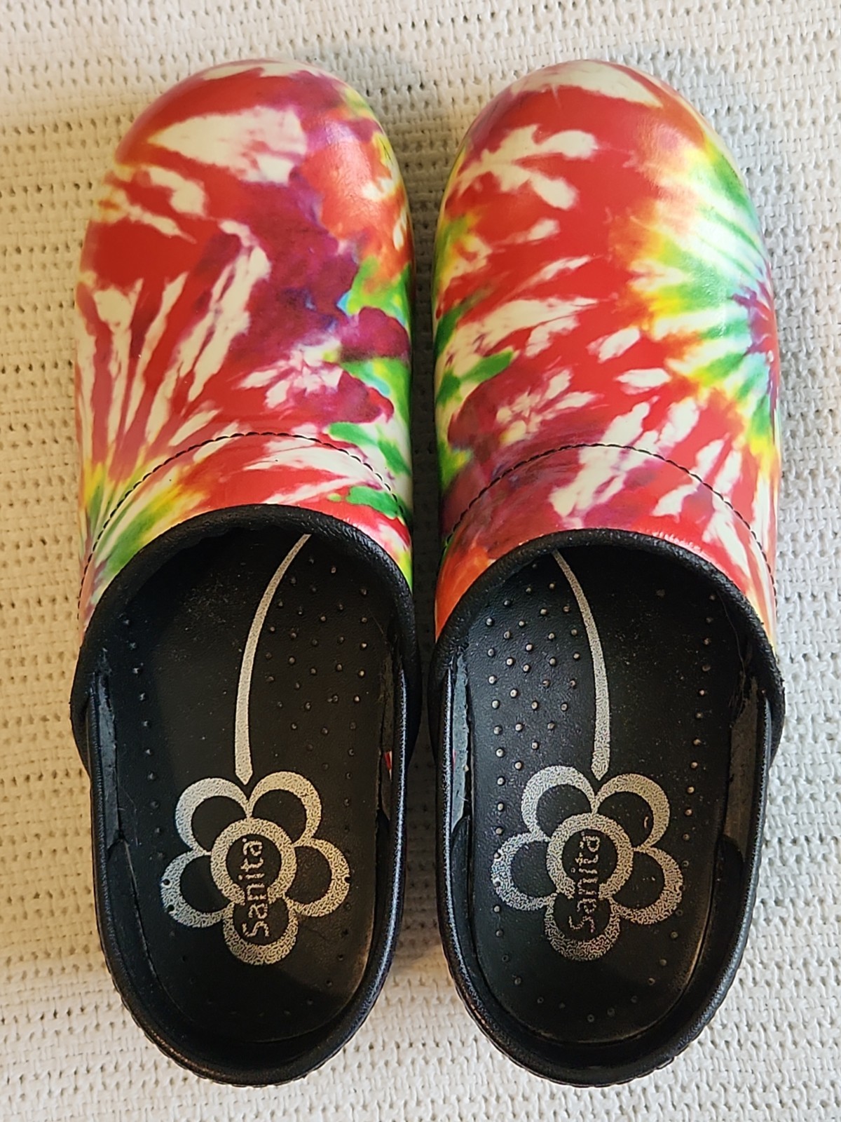 Sanita Tye Dye Waterproof Clogs Size 37 / 7 Danish Hard soles Black The Original