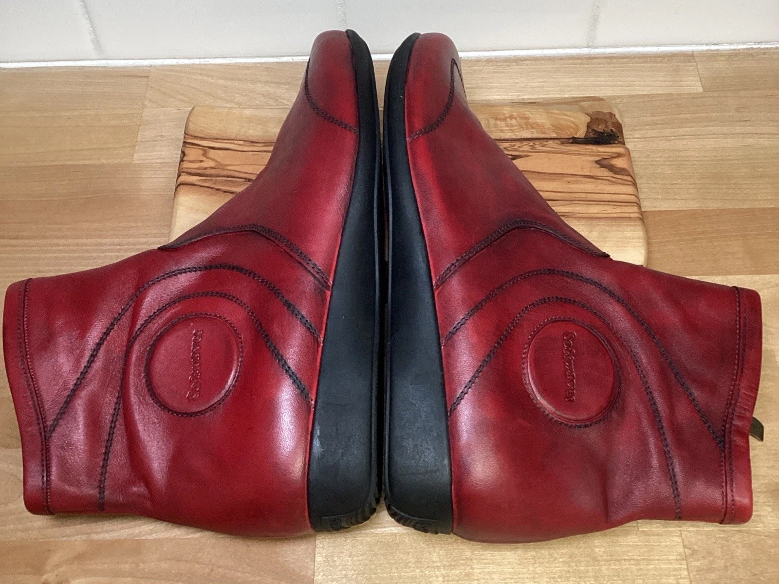 Softwaves Womens Red Leather Ankle Boots Booties Zip Zip Comfort Flat Shoes 7.5
