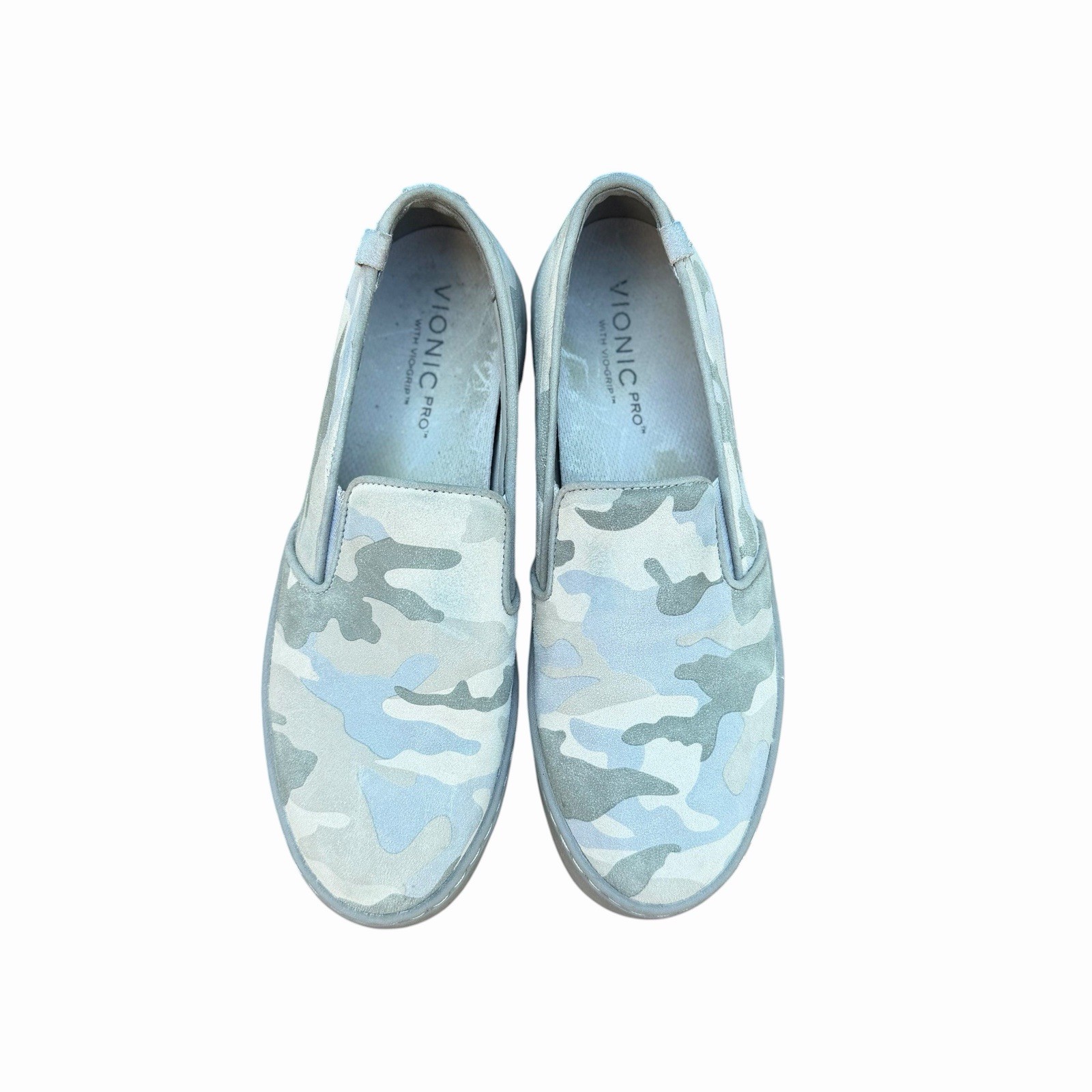 Vionic Pro Women Avery Vio-Grip Blue Gray Camo Slip Resistant Shoes Suede Sz 8