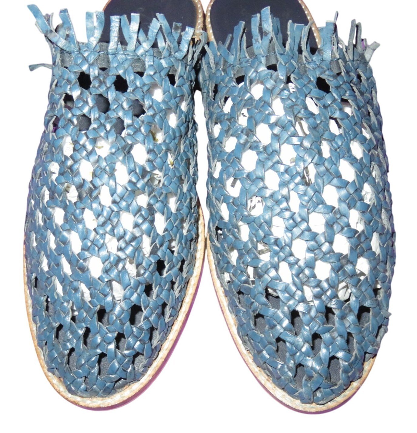 Free People Mirage Blue Woven Raffia Leather Mules Clogs Made in India 40 or 10