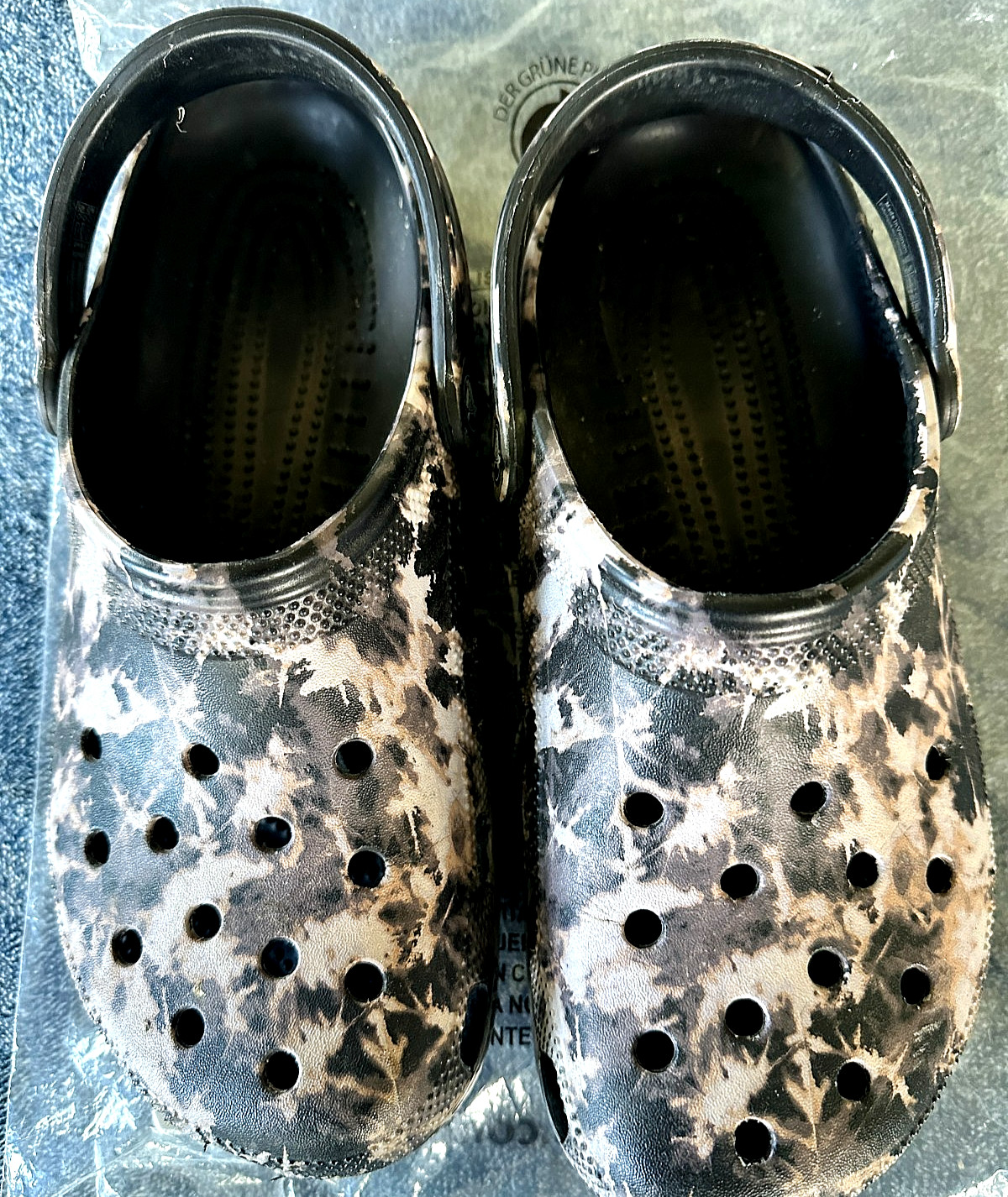 Hardly Worn Bleach Dye Pattern Crocs-Women Size 11-Shades of Beige,Brown+Black