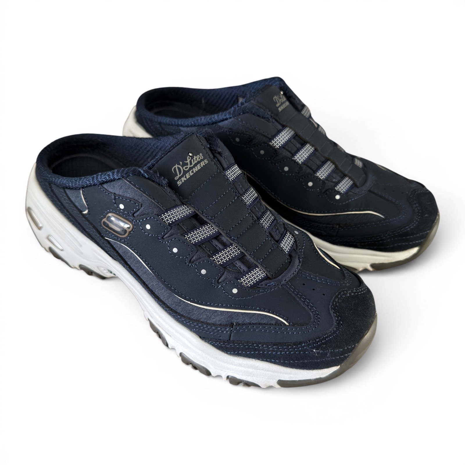 Skechers D’Lites 11940 Navy White Mule Clogs Air Cooled Memory Foam Women’s 8.5