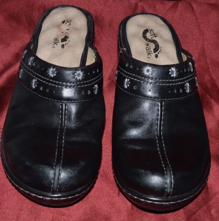 WOMEN’S SOFT WALK BLACK LEATHER COMFORT CLOGS EMBROIDERED FLOWERS 6.5 M