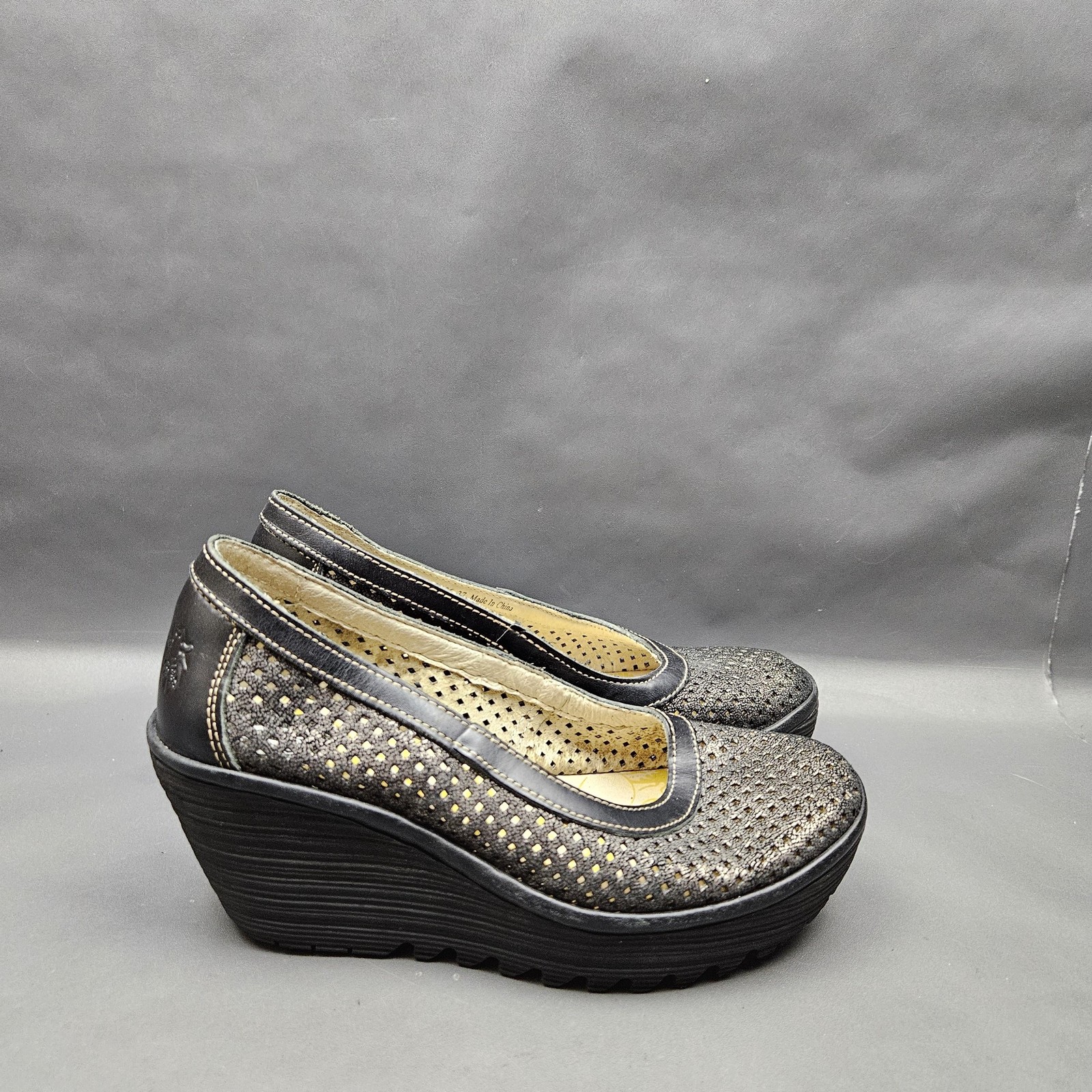 FLY London Yobe Platform Wedge Loafers Shoes Womens 6.5 Gray Black Slip On