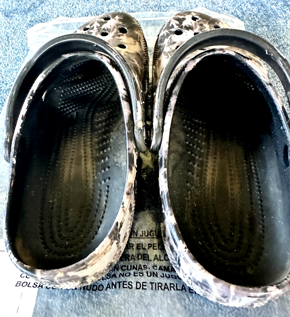 Hardly Worn Bleach Dye Pattern Crocs-Women Size 11-Shades of Beige,Brown+Black