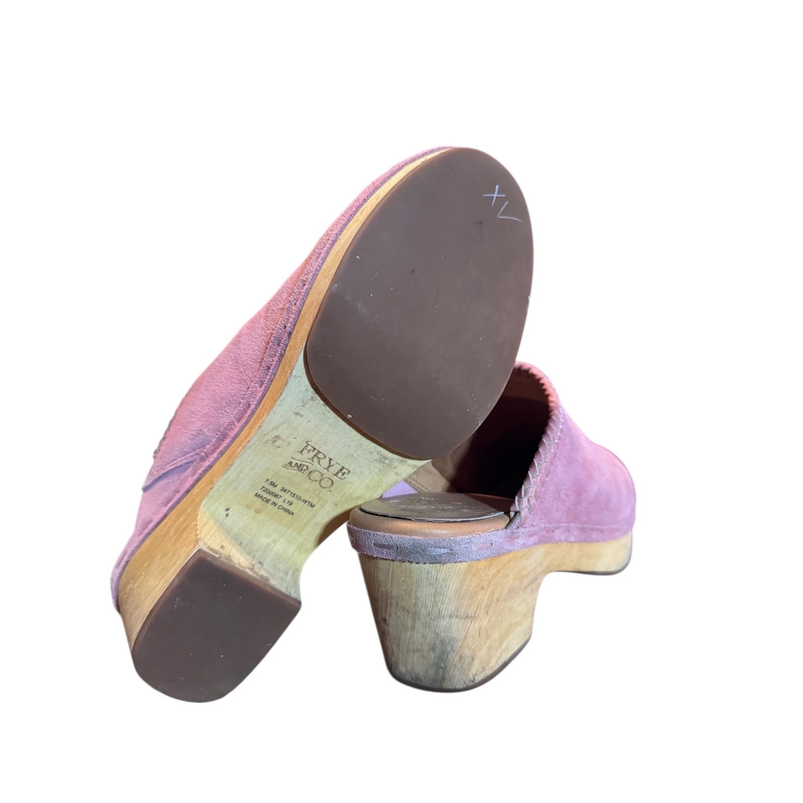Frye and Co Suede Clogs 7.5 Mauve Whipstitch Wood Platform Mules Boho Retro