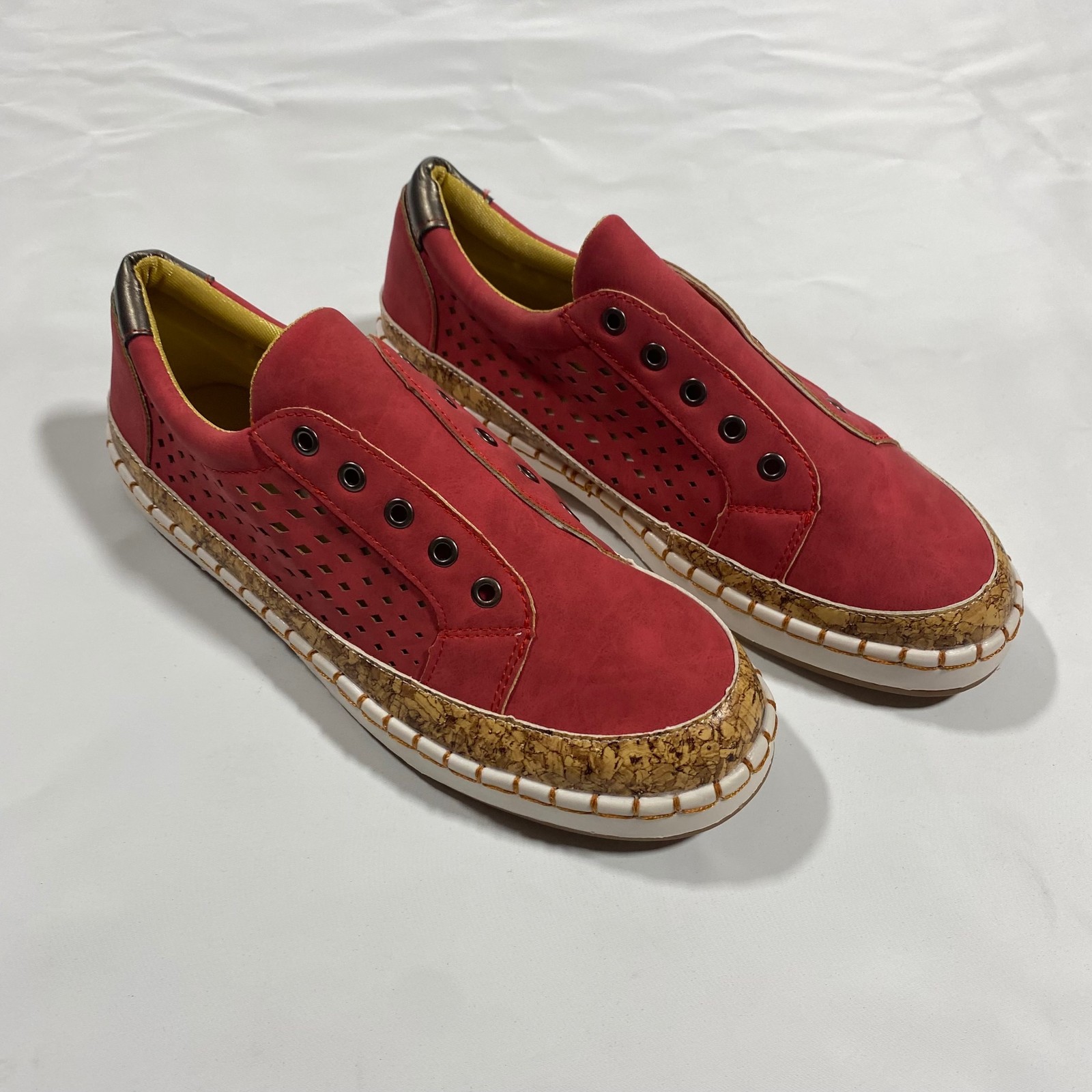 Slip On Sneakers Womens 10 Red Perforated Cork Trim Low Top Casual Shoes Comfort
