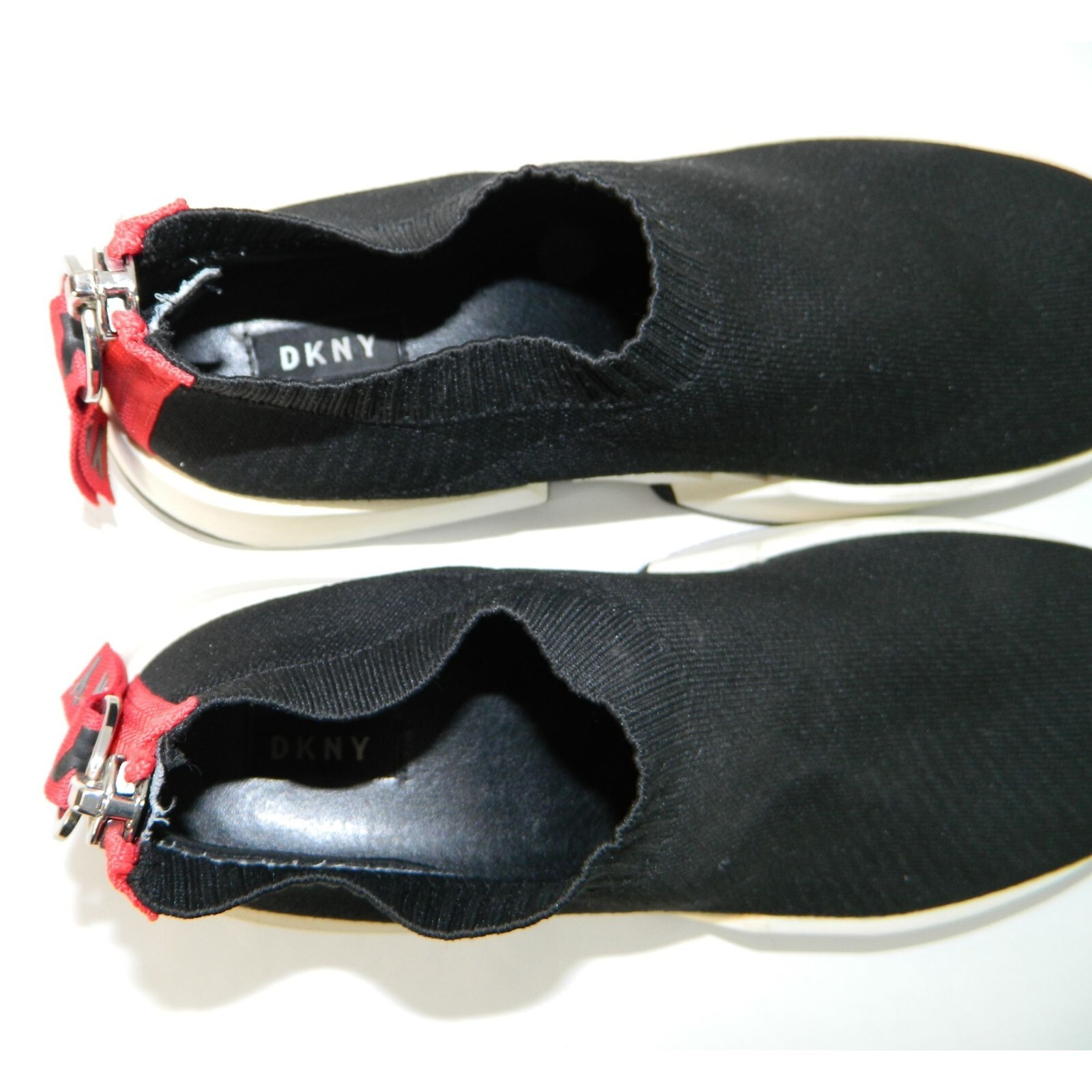 DKNY Marcel Wedge Flat Sneakers Black Stretchy Booties Size 10 Red Stripe Zipper