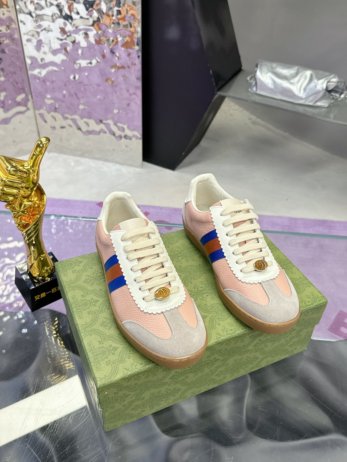 Gucci Pink Grey Suede Web Stripe Vintage German Trainer Women’s Sneakers
