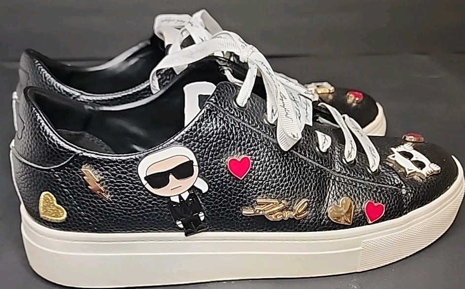 Karl Lagerfeld Women’s Size 7.5 Black Cate Pins K22 Tennis Shoes Charms Leather