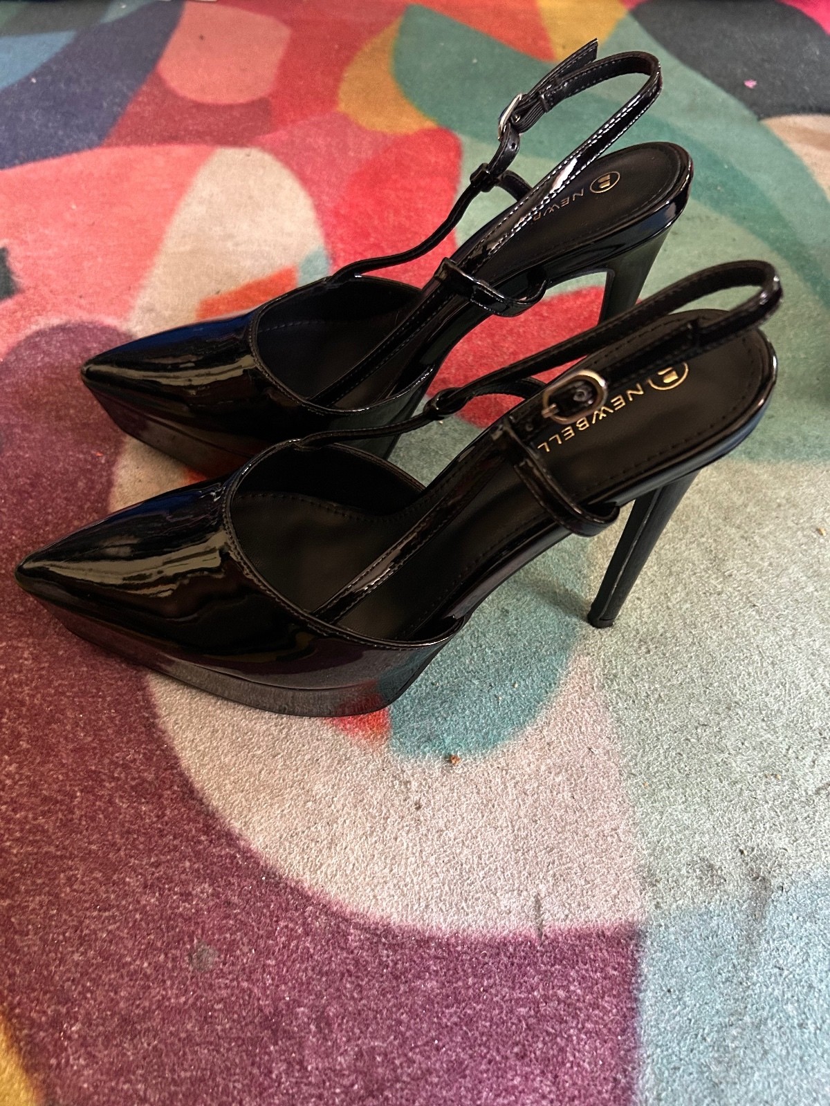 NEVEBELLA Black Patent Leather Slingback High Heel Pumps