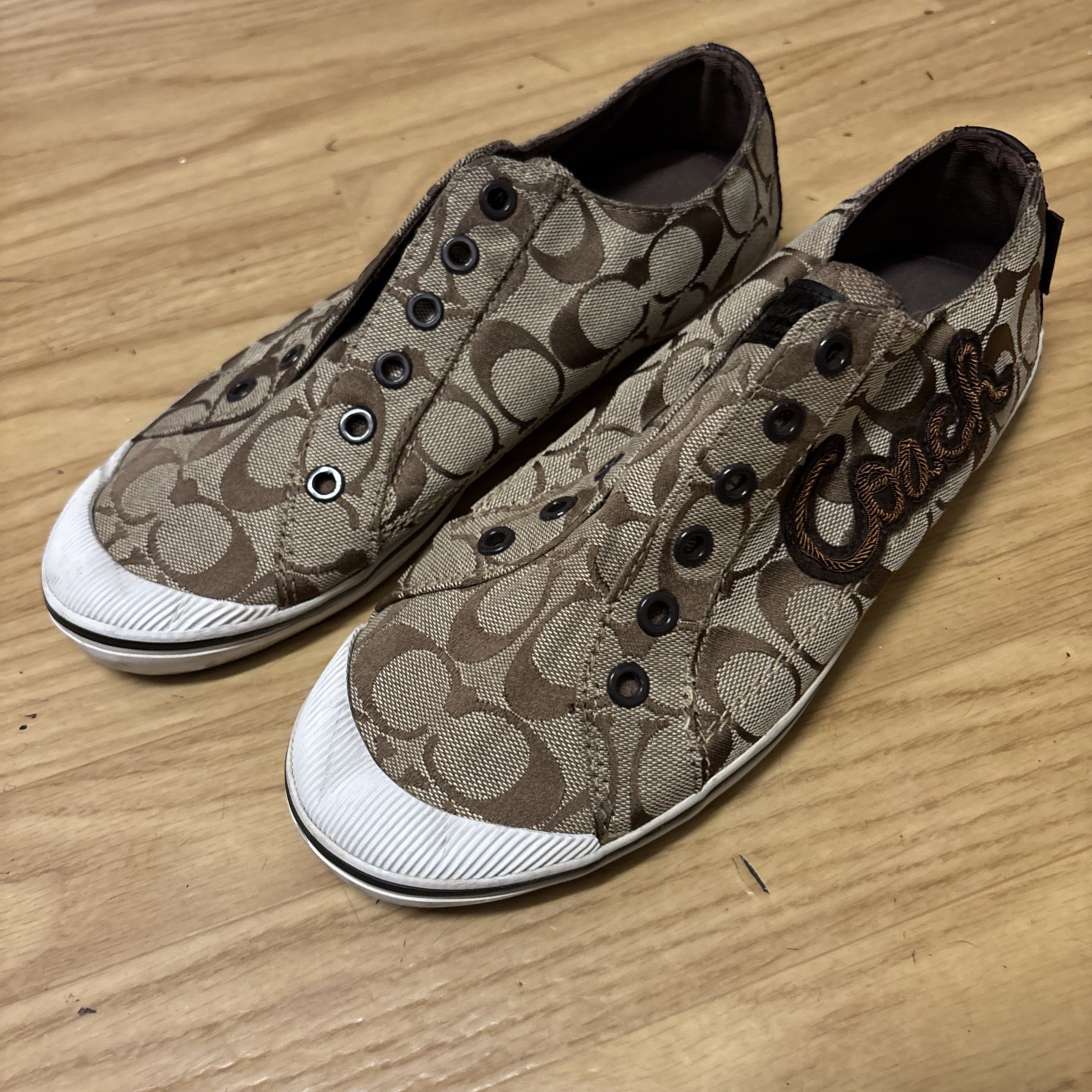 Coach Keeley Khaki Signature C Logo Sneakers Slip On Shoes Embroidered Women 8.5