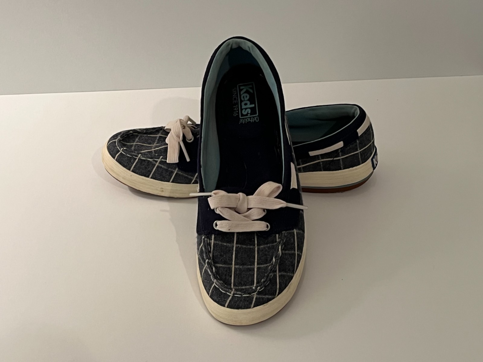 Keds Glimmer Blue & White Stripe Tie Toe Slip On Boat Shoes Women’s Size 8.5