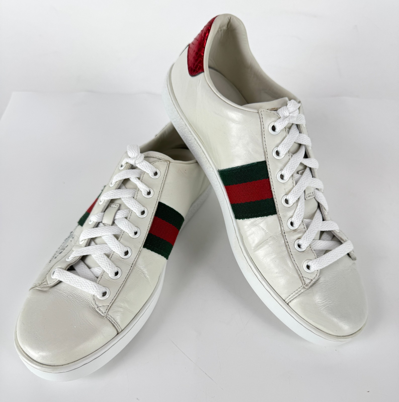 Gucci Wmn Auth Ace No Arrow White Leather Web Sneakers 9.5 US 39.5 EU Shoes Box