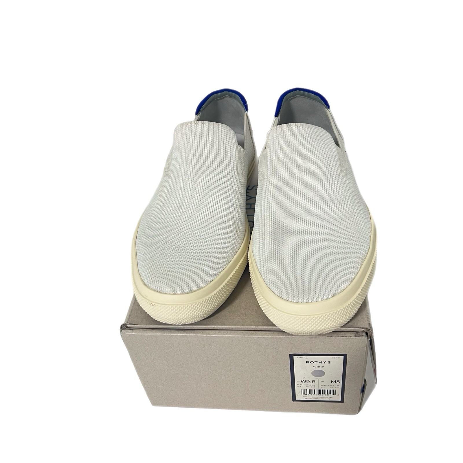 Rothy’s The City Slip On Sneaker Womens 9.5 White Blue Trim Knit Classic Comfort