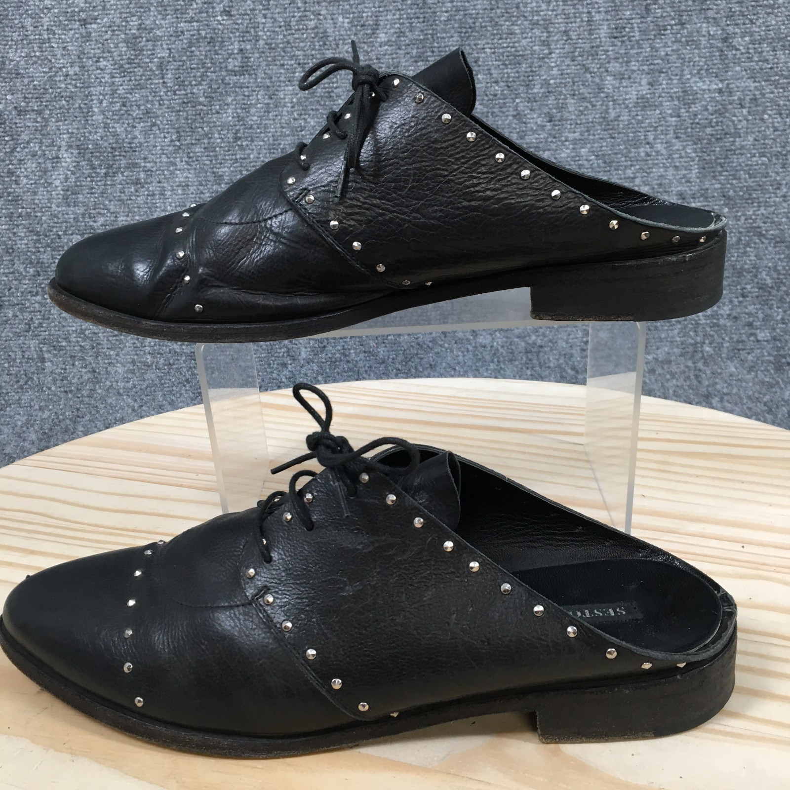 Sesto Meucci Mules Womens 40 Black Almond Toe Laced Up Block Casual Leather