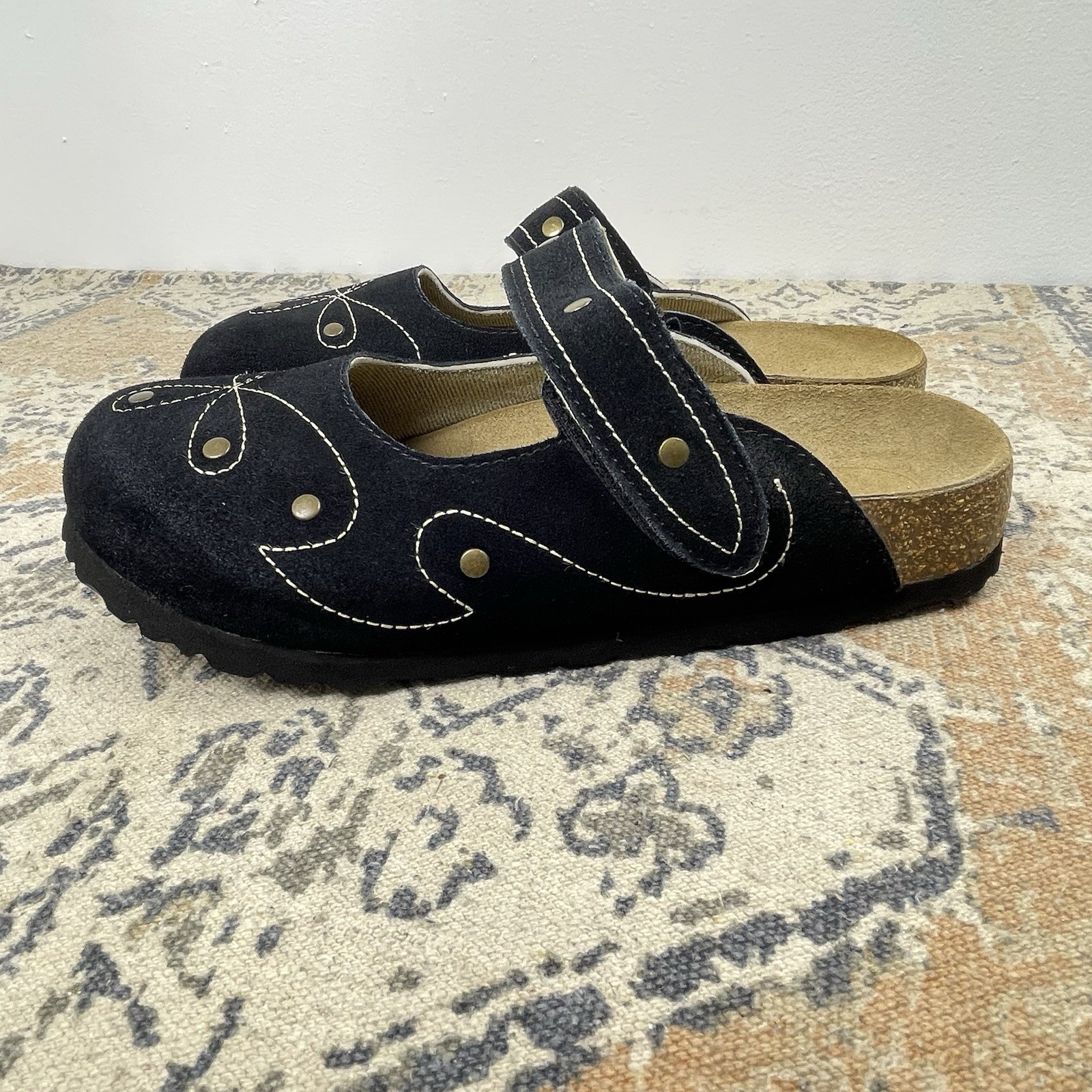 Betula By Birkenstock Mary Jane Clogs Black Suede Floral NWOB EU 38 US 7