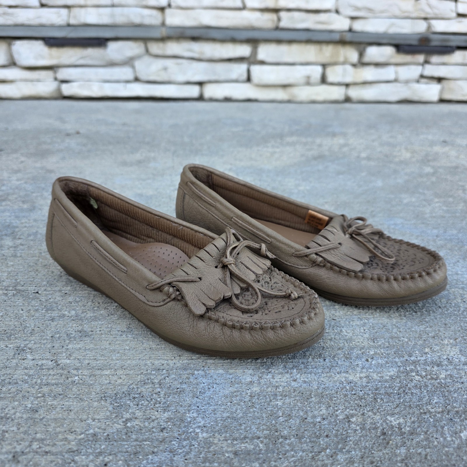 Walkables Walkright Women’s Leather Moccasins Brown Woven Fringe Slip-On Comfort