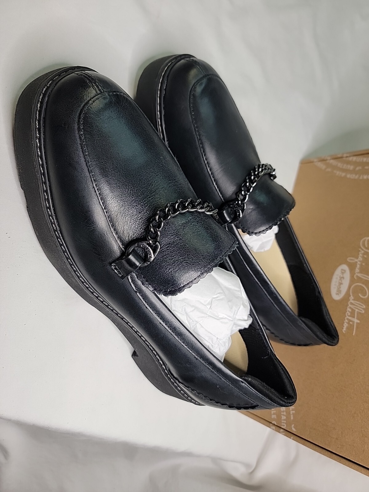 Dr Scholls Venus Black Leather Womens Loafer Size 9.5 With Chain Detail
