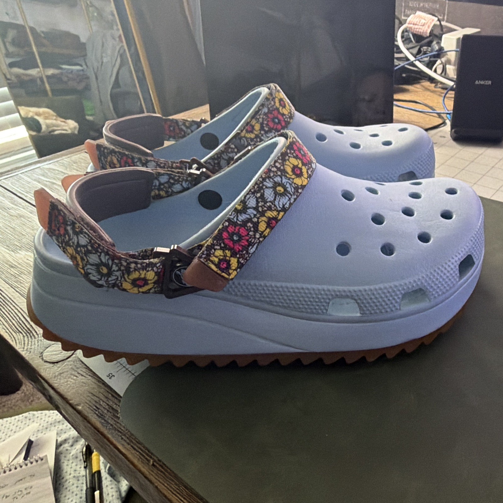 Crocs pale blue Slip-On Platform Clogs Sandals Adjustable strap, US M9 W11