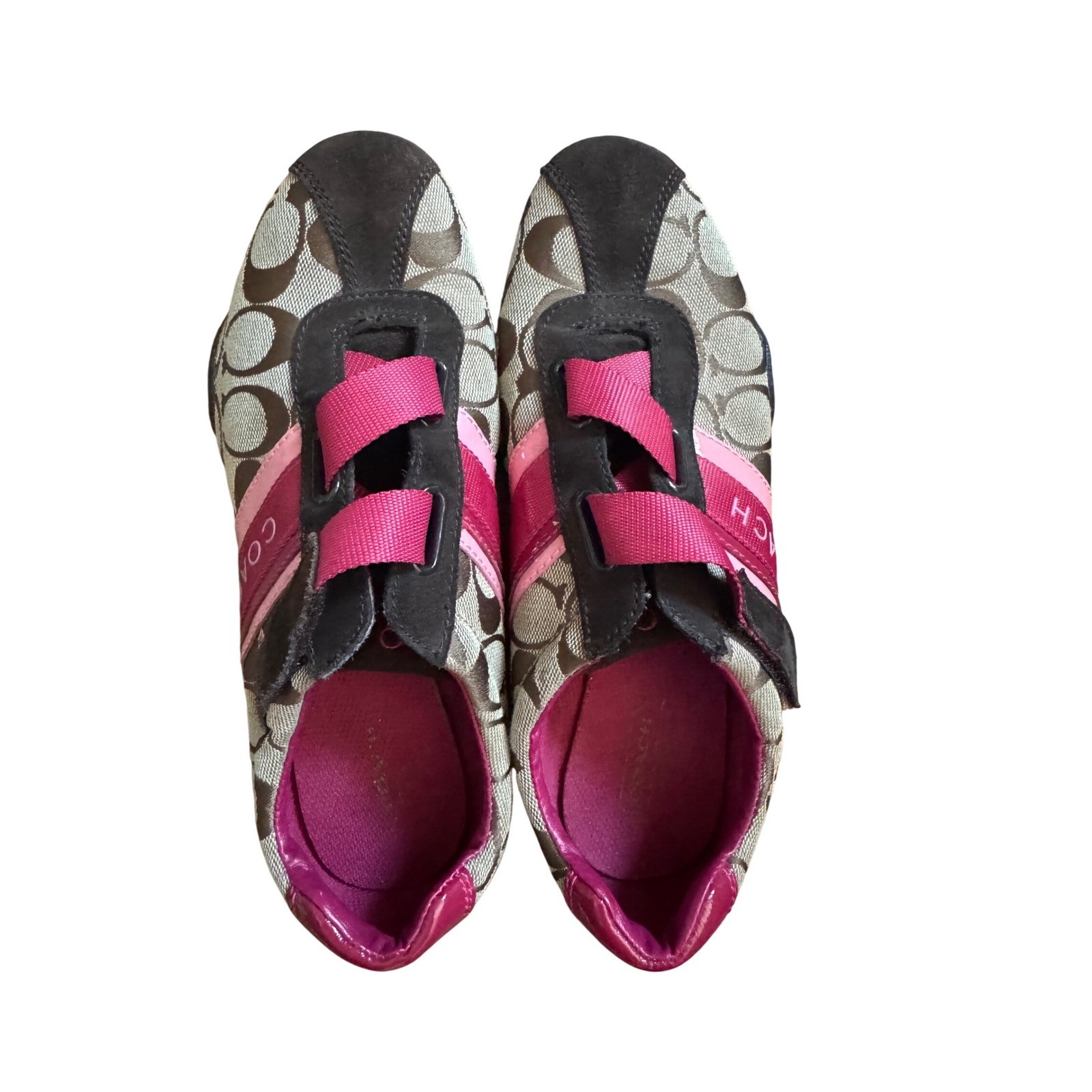 Coach Jenney Signature Monogram Brown Pink Sneakers Driving Shoes Size 7.5