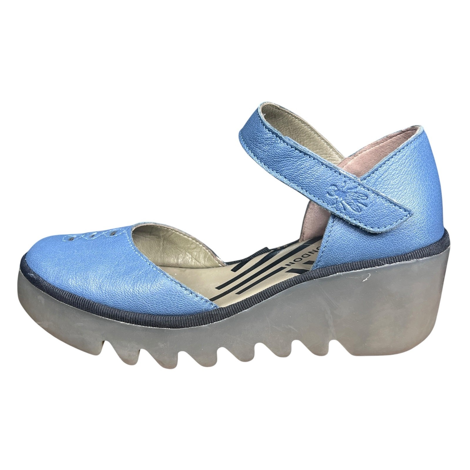 Fly London Biso305 Blue Leather Ankle Strap Cutout Wedges Size 38 US 7.5/8