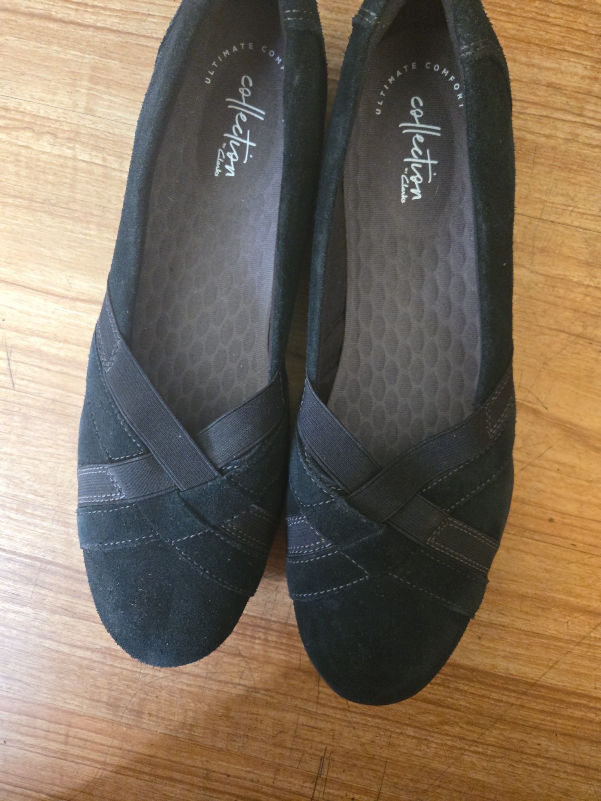 black suede Clarks Haley Jay slip-on comfort flats, crisscross elastic Straps