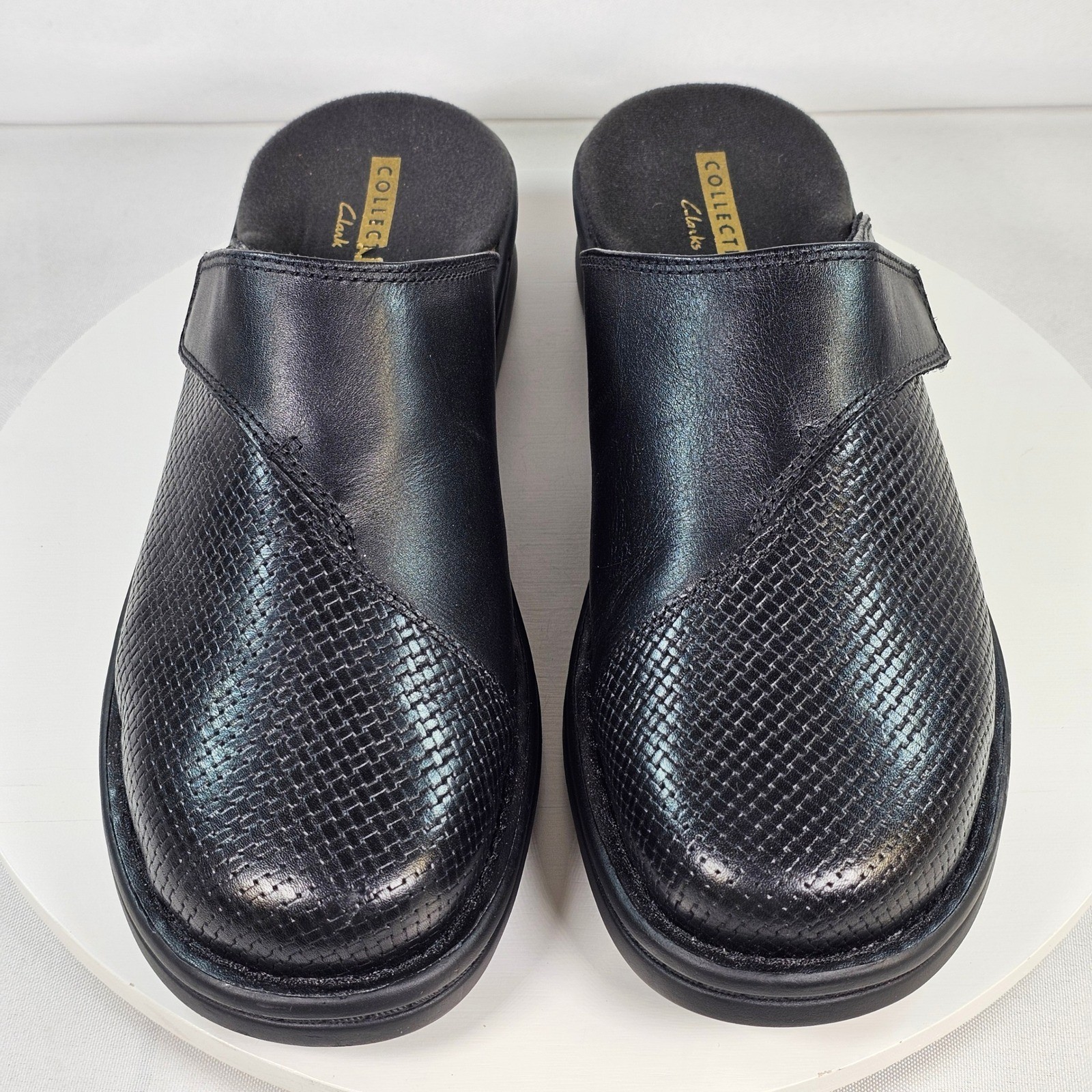 Clarks Patty Tayna Black Leather Mules Clogs Shoes Womens 9.5 M Textured Slip On