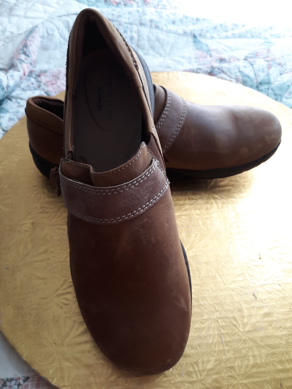 Comfort CLARKS Dark Tan LEATHER Women Size 8.5 M Round Toe Shoes MEXICO