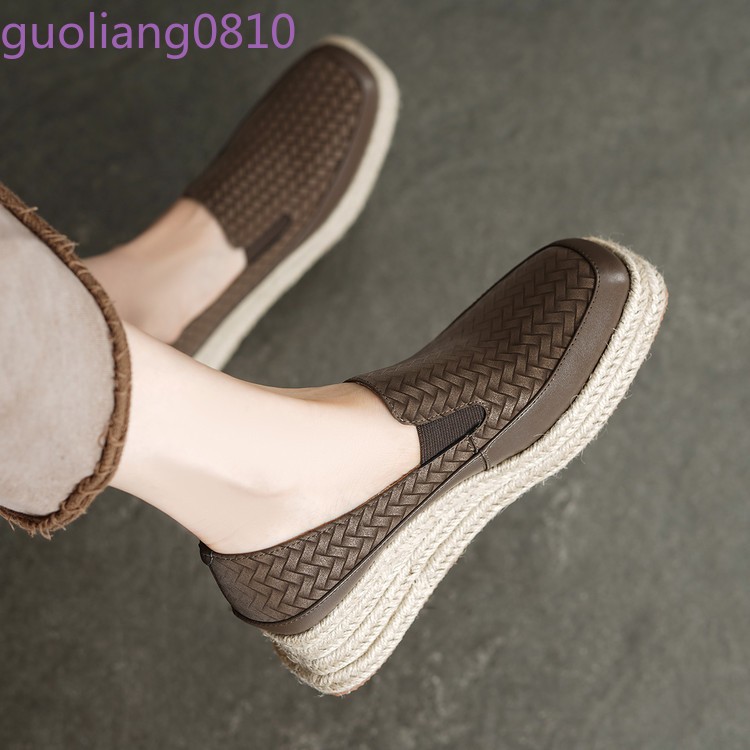 Weave Women’s Leather Casual Shoes Round Toe Platform Wedge Heel Loafer Platform
