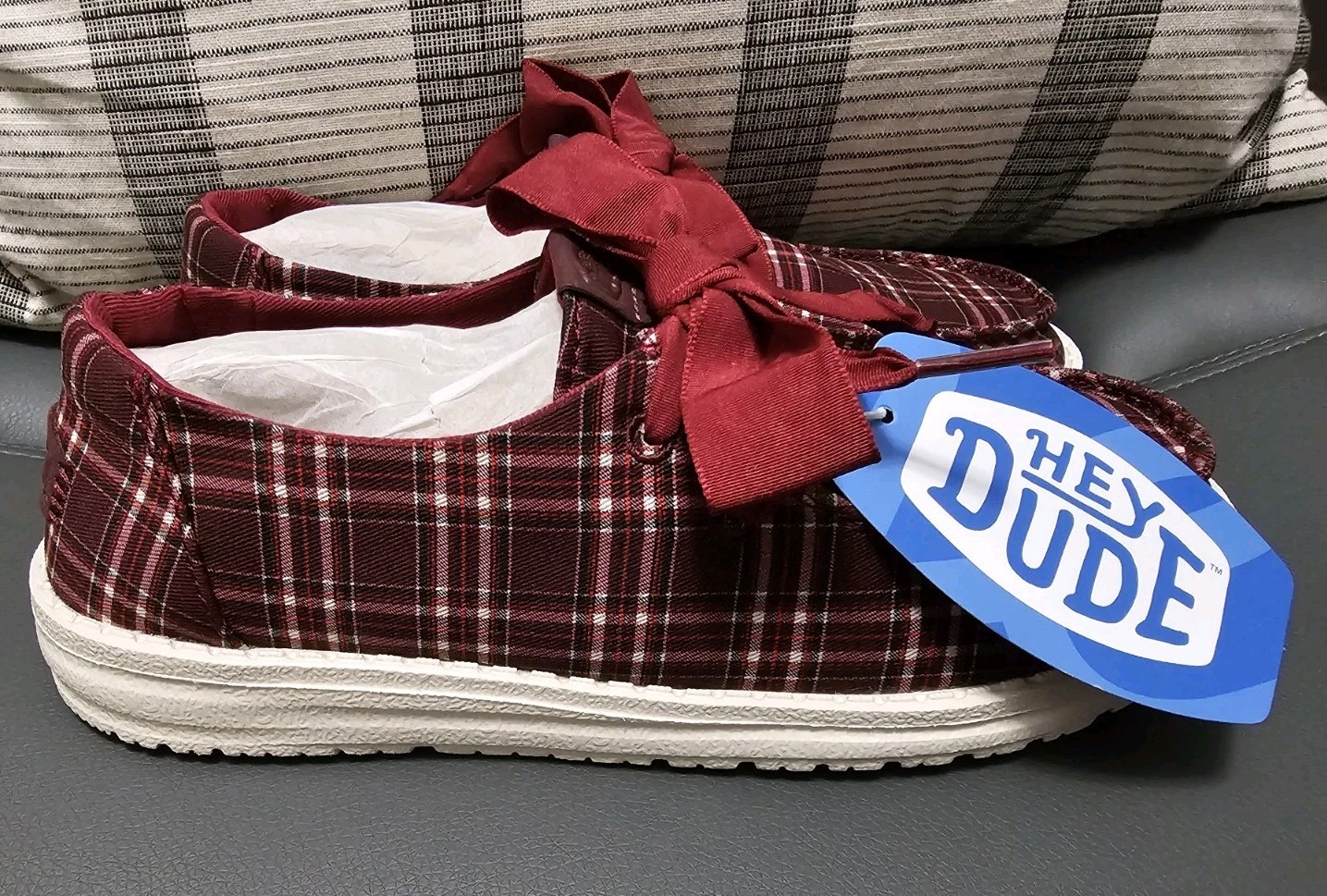 Hey Dude Wendy Holiday Bow, Red Plaid/Burgundy, Size 7, Brand New-no Box
