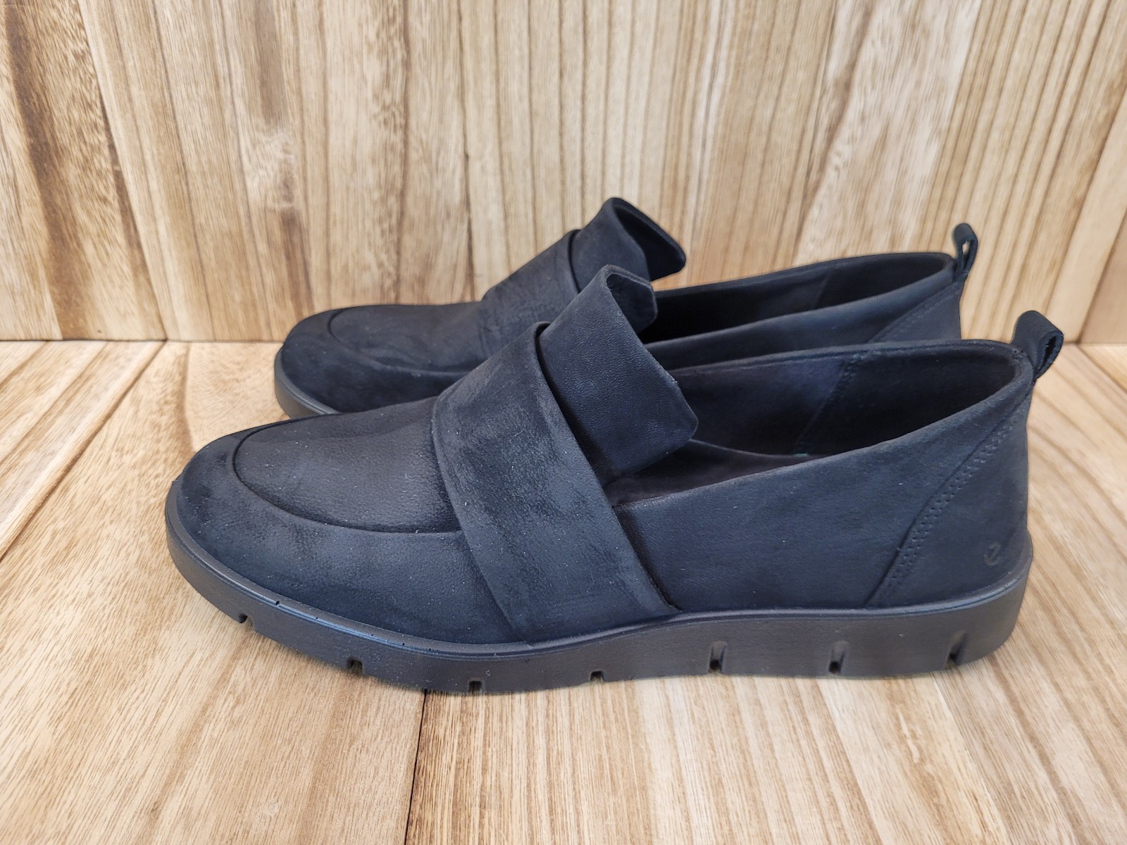 Ecco Bella Stretch Loafers Black Nubuck Slip On Flat Comfy Shoes Womens 8-8.5