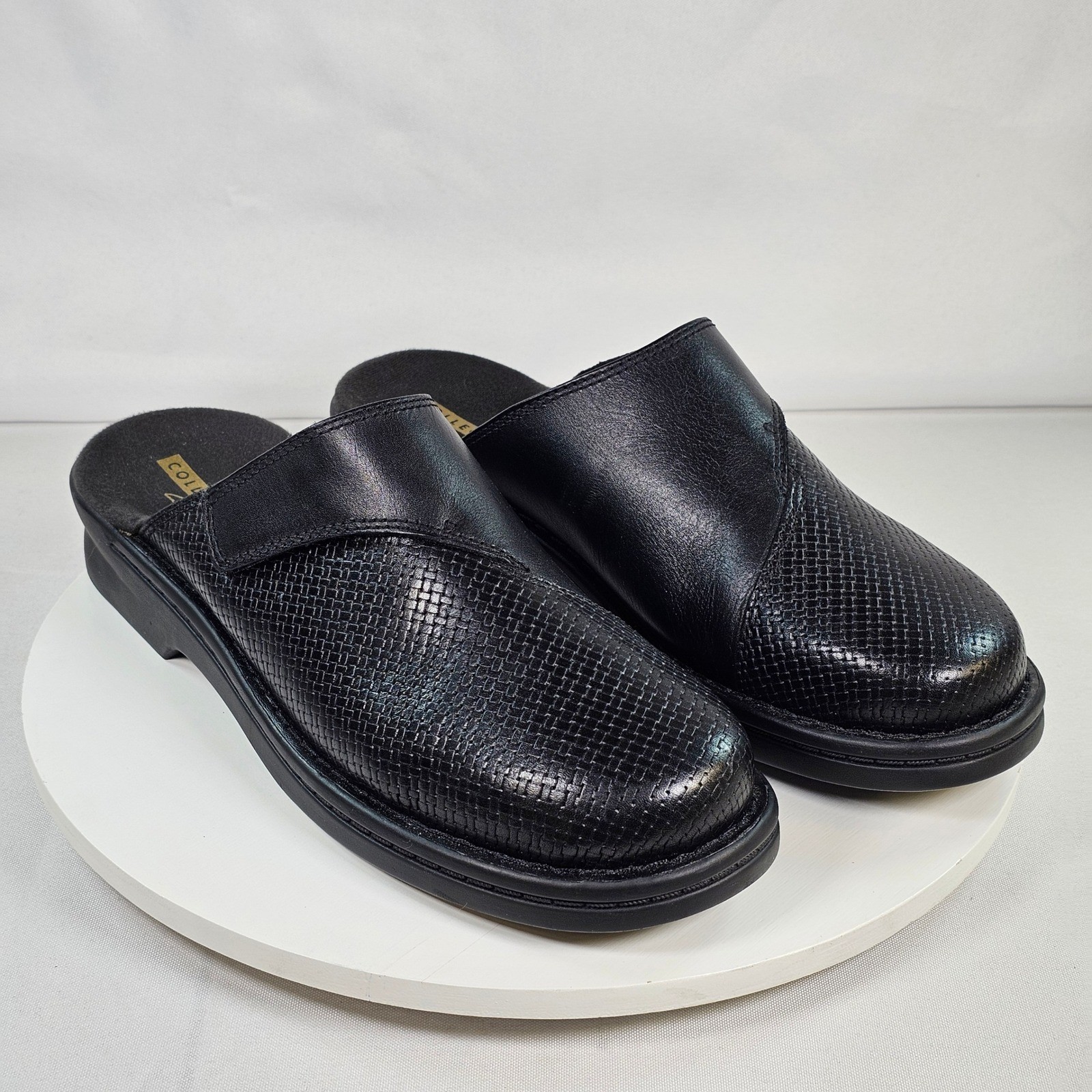 Clarks Patty Tayna Black Leather Mules Clogs Shoes Womens 9.5 M Textured Slip On