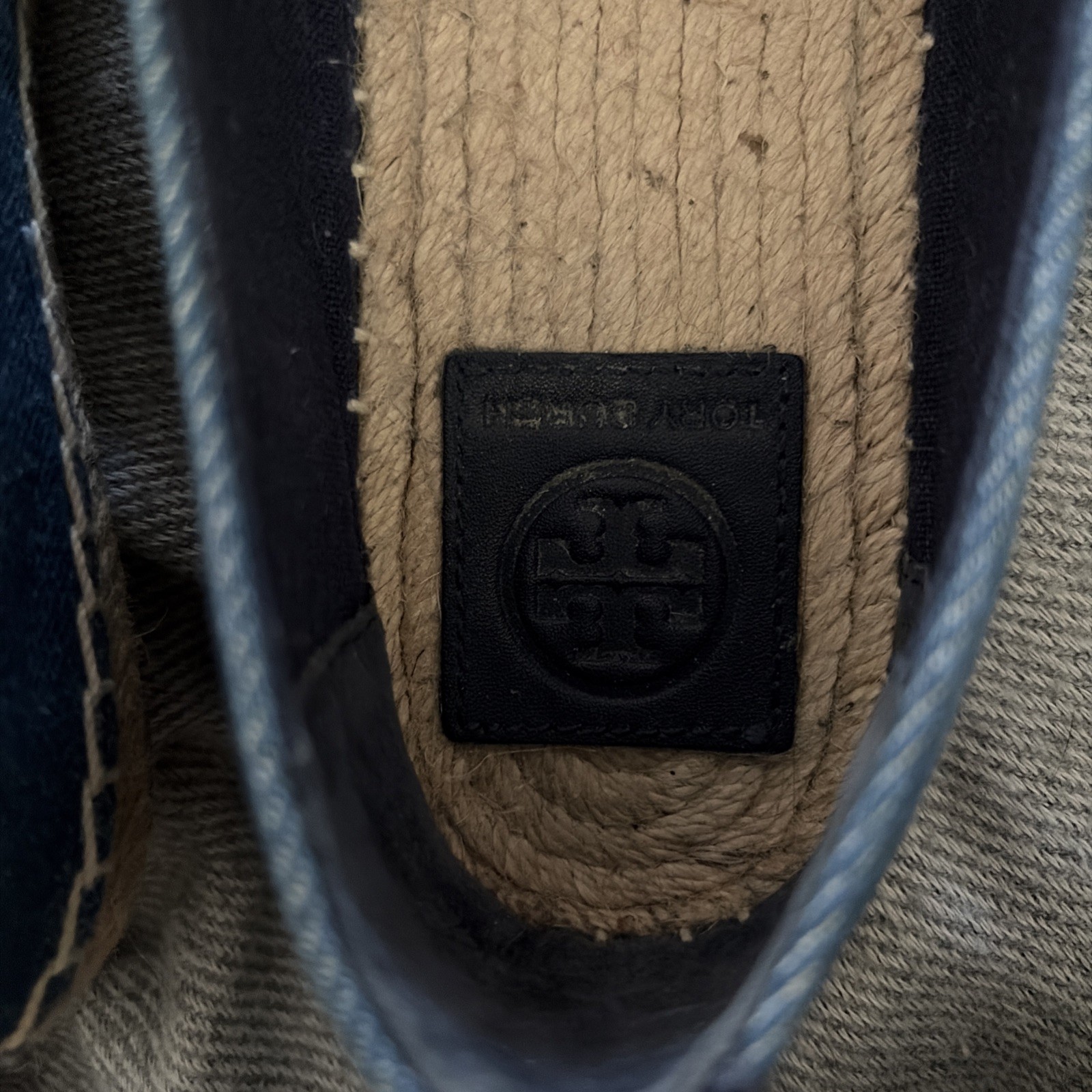 Tory Burch Leather Logo Espadrille Women’s Navy Blue Slip On Shoes 6 Good Cond
