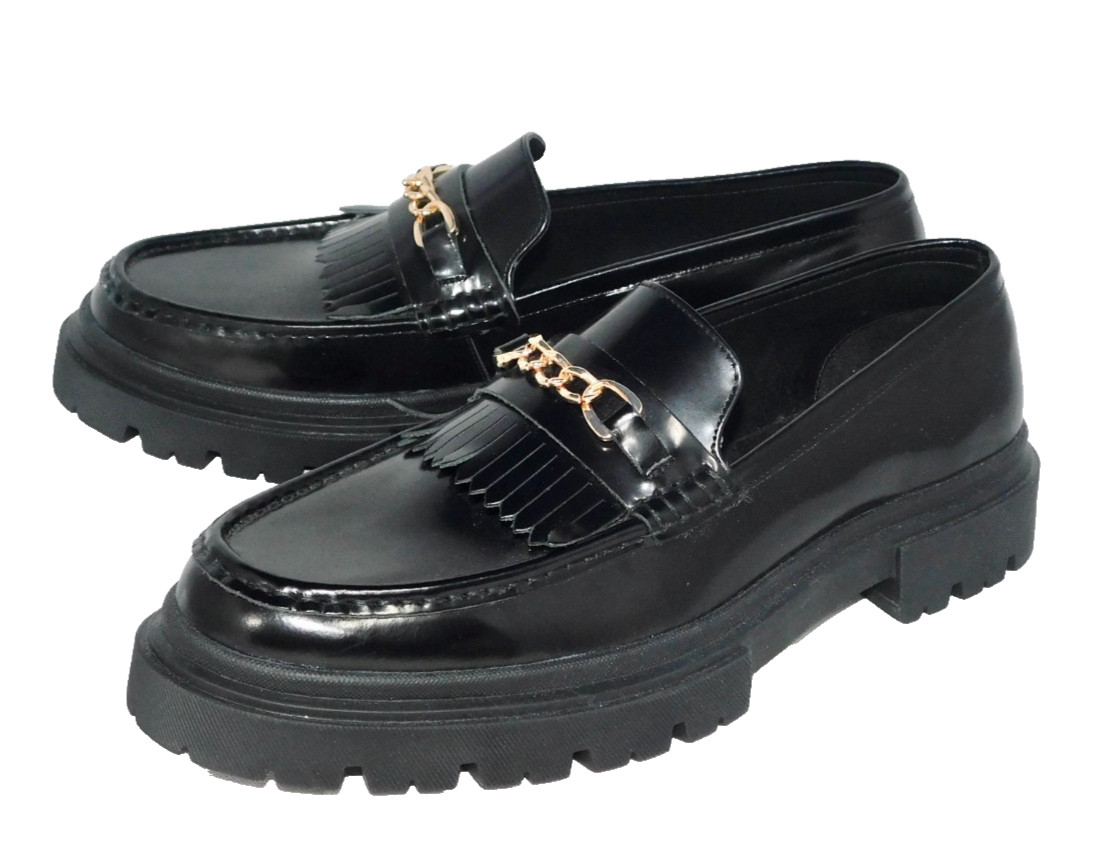 ASOS DESIGN Chunky Platform Kilty Chain Loafer Women Size 11 Black Patent