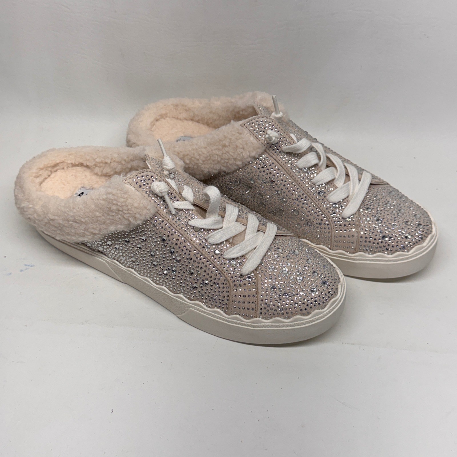 Anne Klein COURAGE-C Rhinestone Faux Fur Mule Sneakers Pink Silver Womens 9.5M