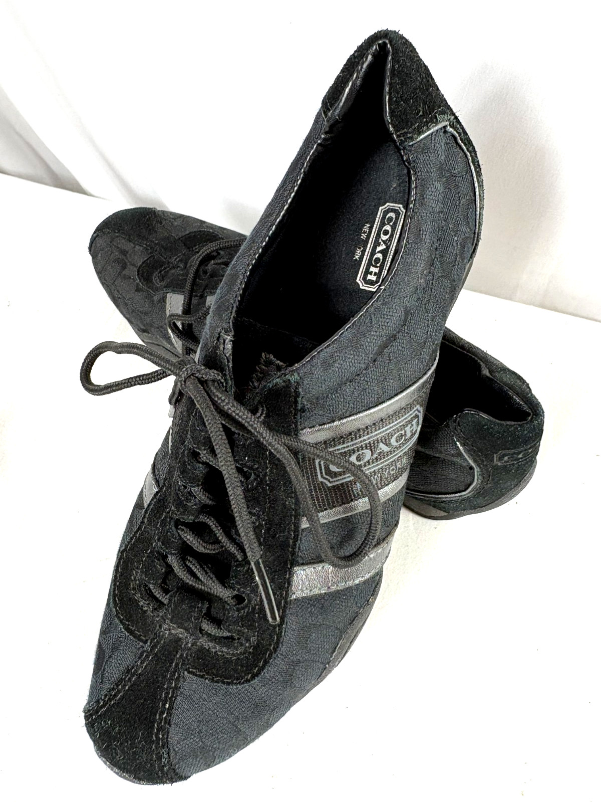 Coach Remonna Black Signature Monogram Suede Metallic Sneakers 8.5M Y2K Designer