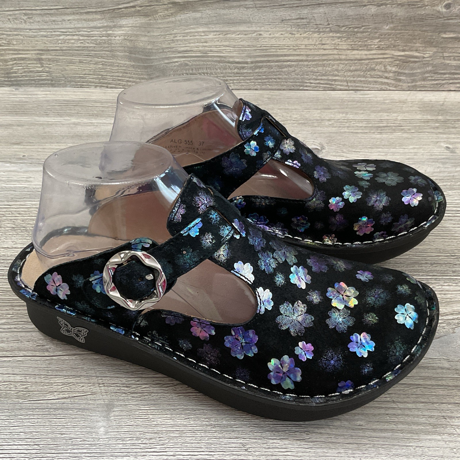 Alegria ALG-555 Mary Jane Clogs Womens US 7-7.5 EU 37 Black Floral Leather NEW