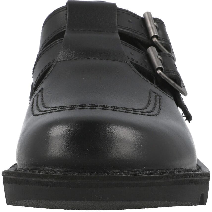 Kickers Kick T Double Black School Shoes Leather T-Bar Buckle Grip Kids