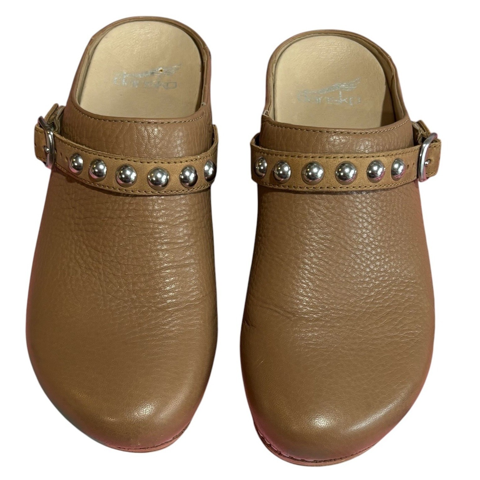 Dansko Clog Mules Women 37 Tan Leather Studded Buckle Shoes Pebbled Convertible