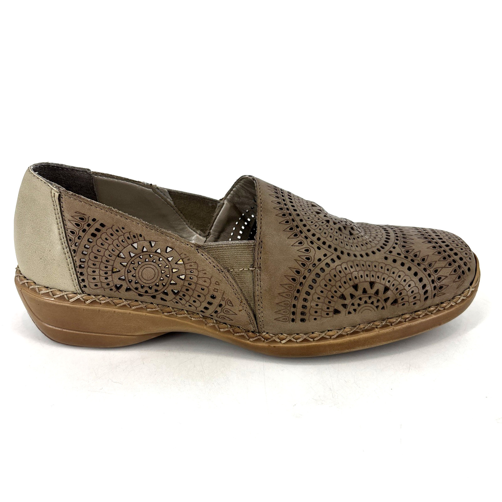 Rieker Anti-stress Laser-Cut Leather Slip On Shoes Womens 38 / 7.5 Taupe Heeled